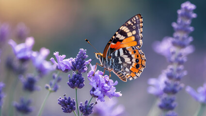 Painted Lady Butterfly Sipping Nectar From Lavender Blossoms In A Serene Floral Scene