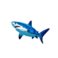 Fototapeta premium a digitally rendered great white shark swims toward the viewer against a plain white background.