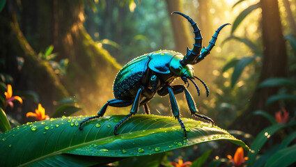 Fototapeta premium Blue Metallic Stag Beetle With Large Antennae Resting On A Dewy Tropical Leaf