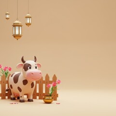 Adorable 3D Cow in a Wooden Fence with Pink Flowers and Hanging Lanterns Eid al-Adha Celebration