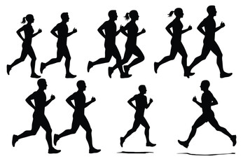 Obraz premium Dynamic Runners Silhouette: Capturing the essence of human motion, silhouettes of runners stride with energy and determination across a plain background.