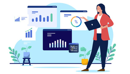 Woman with charts and data - Professional businesswoman standing working and analysing diagrams and business graph results. Flat design vector illustration with white background