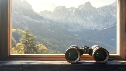 A pair of binoculars with a vintage design, resting on a wooden windowsill with a mountain view 