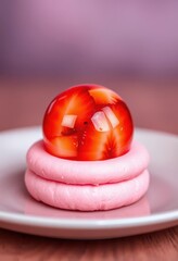 Soft pink cookie base topped with a perfect sphere of vibrant fruit filling, baked, studio shot