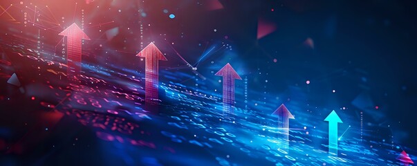 Glowing upward arrows on digital network background with red and blue light effects create futuristic business growth visualization concept.