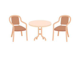 Circle table and two chairs furniture, seats in interior. Office, cafe, restaurant and home kitchen furniture. Interior objects for eating in cartoon flat style. Vector illustration