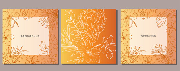 Floral Summer Background. Square background with tropical leaves and plants. Modern vector banner template. Hand Drawn Colorful Flower Layout. Design for cards, posters, invitations, social media