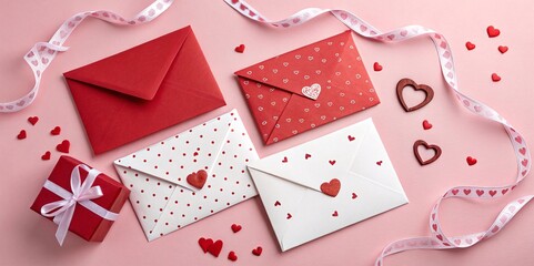 Red and White Envelopes with Heart Decorations on Pink Background V1