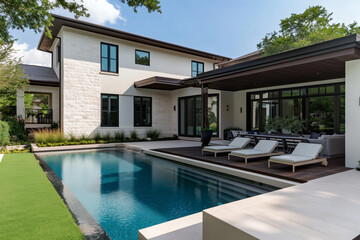 Obraz premium Modern home with pool and outdoor living space for relaxing and entertaining.
