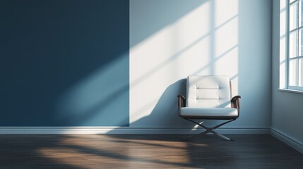 Armless leather chair placed directly in front of a crisp two-tone vertical blue and white wall split