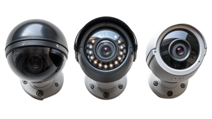 Three distinct security cameras mounted on walls, showcasing various designs and features