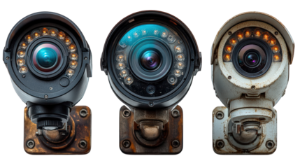 Three distinct security cameras showcasing different designs and conditions against a neutral backdrop