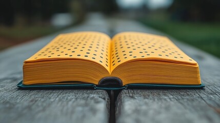 Open book with yellow pages and black dots lying on a weathered wooden surface outdoors