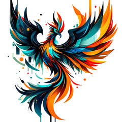 Naklejka premium a vibrant and dynamic illustration of a phoenix with flowing orange, teal, and black feathers emerges from abstract splatters and geometric shapes.