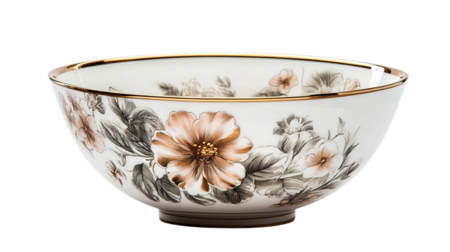 Elegant floral porcelain bowl display home decor tableware indoor setting close-up aesthetic design