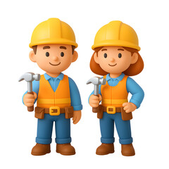 Fototapeta premium Two 3D construction icons with tools and hard hats on a transparent background for job-related applications and educational purposes