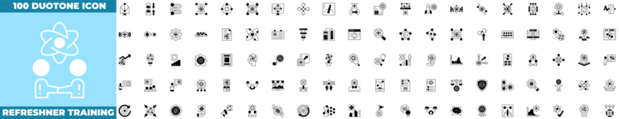 Refreshner Training Duotone Editable Icons set. Vector illustration in modern thin duotone style of refreshner training icons:  Education, goal, teamwork, achievement, etc