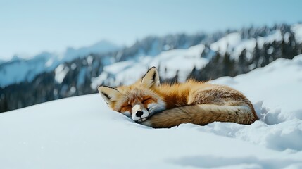 Red fox sleeping peacefully curled up in deep winter snow with mountain landscape background, showcasing natural wildlife behavior in cold environment.