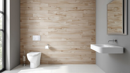 This modern bathroom showcases a wall clad in light toned wooden lamellas, providing visual interest and a touch of organic texture