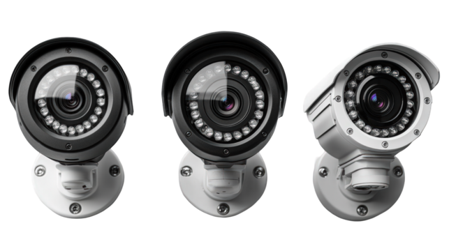 Three distinct security cameras showcasing different designs and features against a neutral background