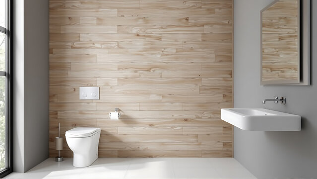 This modern bathroom showcases a wall clad in light toned wooden lamellas, providing visual interest and a touch of organic texture