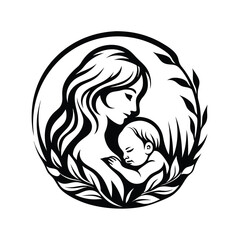 Elegant Mother Child Silhouette Illustration, Monochromatic Floral Circle Design Art