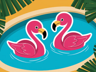 Obraz premium Colorful pink flamingos floating in a tropical pool surrounded by green leaves