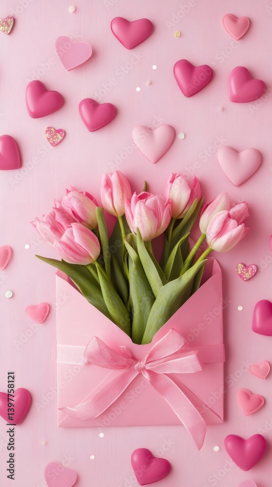 Poster pink tulips are emerging from a pink envelope tied with a pink ribbon surrounded by heart shaped con