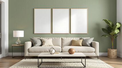 This living room embodies understated elegance and modern comfort. The sage green wall provides a fresh, revitalizing feel, offset by the plush beige carpet lending warmth and inviting relaxation