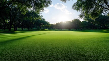 Obraz premium A serene golf course bathed in sunlight, featuring lush green grass and trees, creating a peaceful outdoor atmosphere.