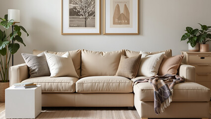 Fototapeta premium The living room presents a harmonious blend of textures and warm neutrals, fostering an inviting atmosphere