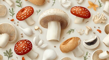 Seamless pattern with amanita muscaria and edible mushrooms, herbs, and dragonfly on beige background. Natural forest elements arranged in repeating design.