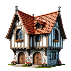 a charming, intricately detailed stone and timber-framed cottage with a vibrant red tile roof and blossoming flowerbeds sits invitingly on a clear day.