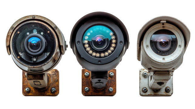 Three distinct surveillance cameras mounted on weathered brackets, showcasing varying designs and lenses