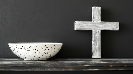 A white speckled bowl and a distressed wooden cross on a dark shelf.