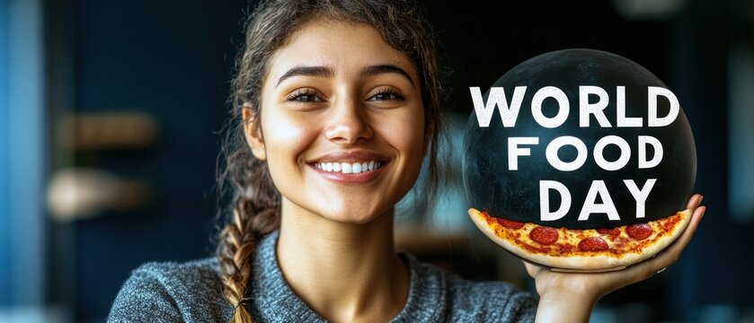A smiling person holds a pizza promoting world food day - Powered by Adobe