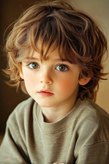 Close-up of adorable boy with big eyes and messy hair, innocent look, soft lighting