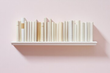 Minimalist bookshelf displays neatly arranged white and cream bo