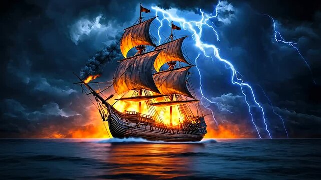 Burning galleon in stormy sea, lightning strikes