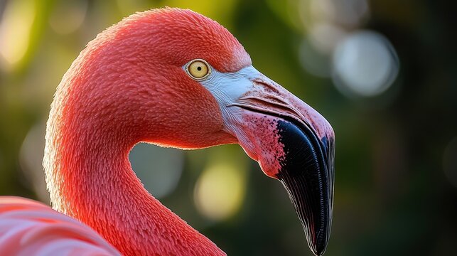Vibrant pink flamingo head, poised and elegant. A close-up captures its striking color and gentle gaze