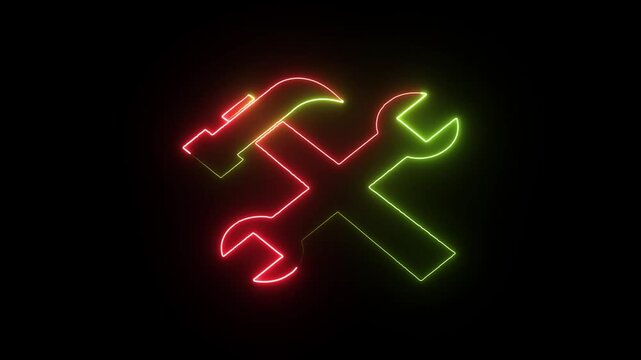 Glowing neon line setting tools icon with spinning gears icon animated.red and green color tools on Black background .