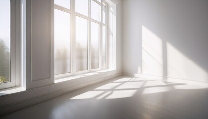 Fototapeta premium Bright Interior: A minimalist interior space with expansive windows framing a tranquil view, flooded by natural light and casting soft shadows, evoking serenity and spaciousness.