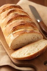 Naklejka premium Freshly baked bread: a loaf of sourdough with a golden crust and soft interior, perfect for any meal.