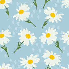 Obraz premium White daisies on blue background Seamless pattern background ideal for wrapping paper, fabric, textile etc.