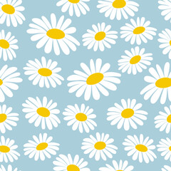 Obraz premium White daisies on blue background Seamless pattern background ideal for wrapping paper, fabric, textile etc.