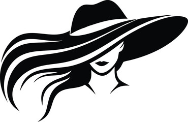 Elegant Woman in Hat, Minimalist Silhouette with Long Hair, Transparent