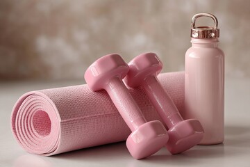 a pair of pink dumbbells, a soft yoga mat and a matching water bottle 