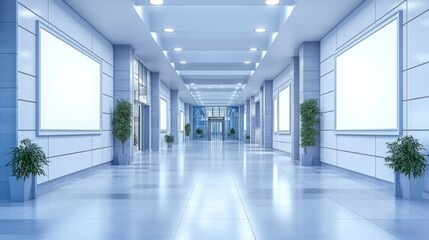 Obraz premium A long clean modern building hallway with blank poster frames