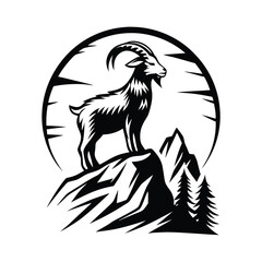 Ibex Silhouette on Rocky Peak with Pine Trees and Full Moon, Wildlife