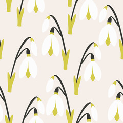 White snowdrops with green stems Seamless pattern background ideal for wrapping paper, fabric, textile etc.